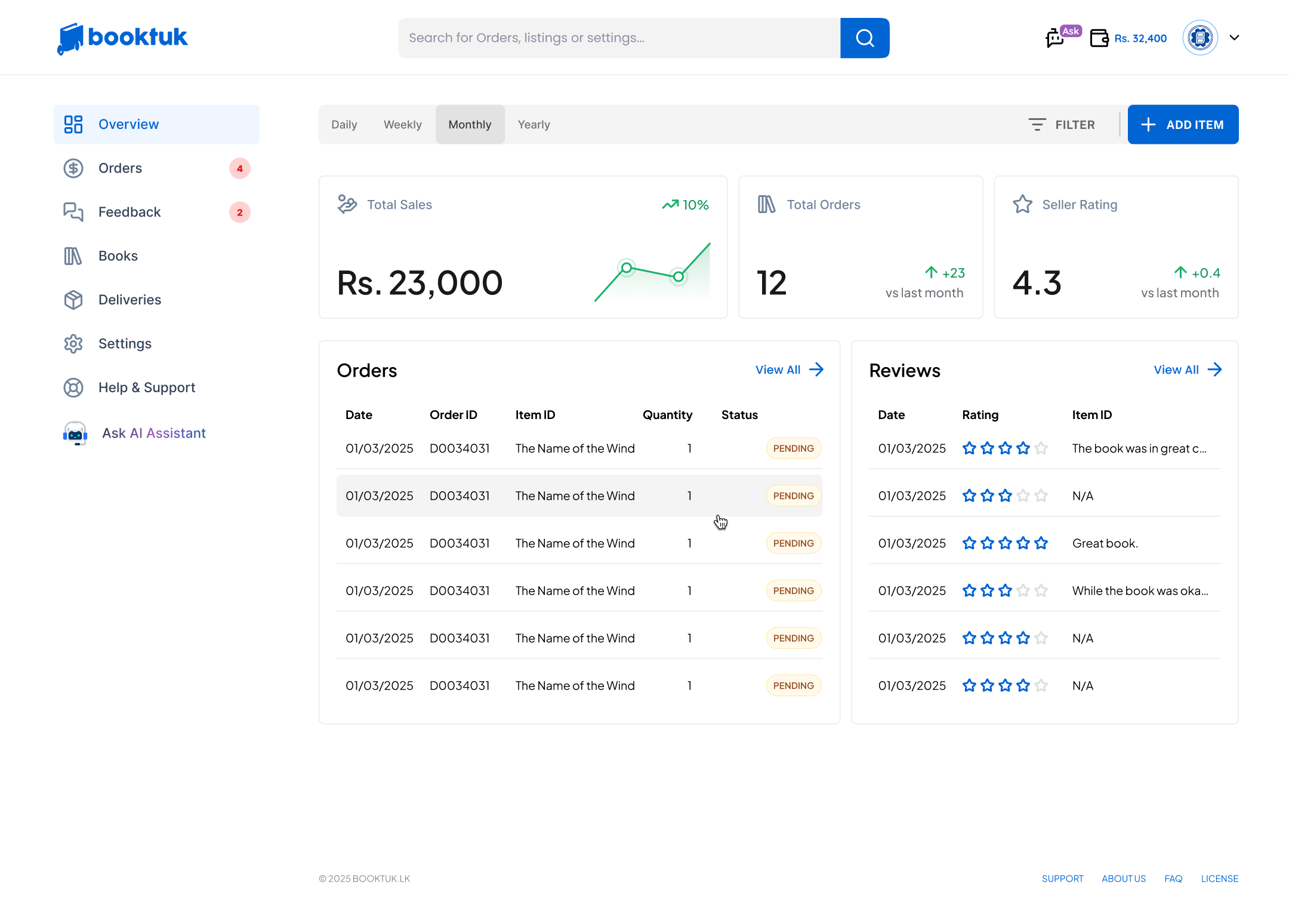 Seller dashboard